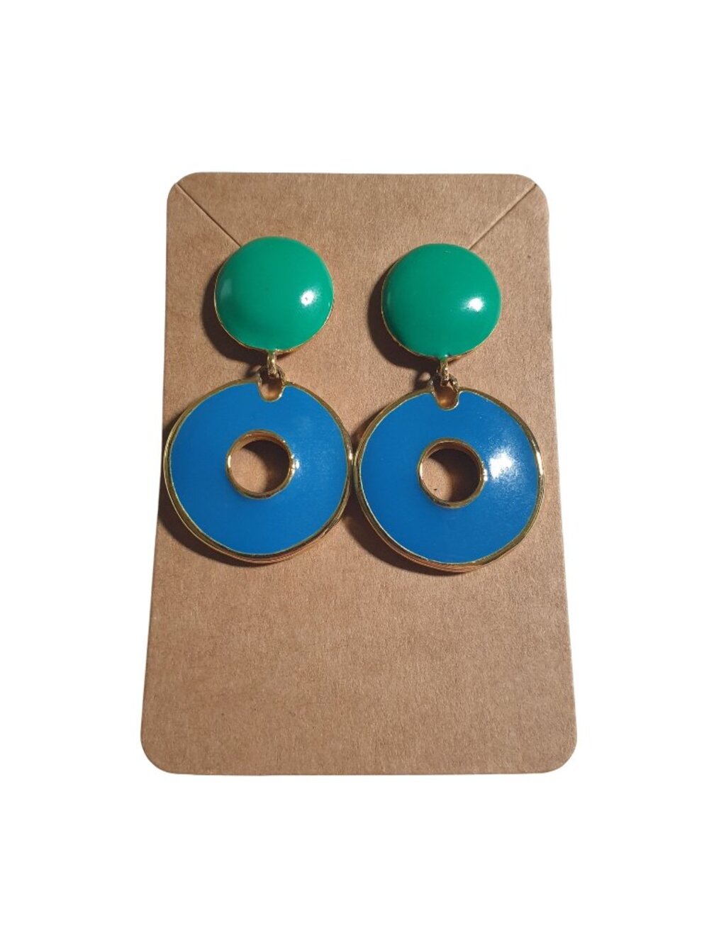Vintage Two Tone Green Blue Circle Statement Earrings Gold Accents Retro Design